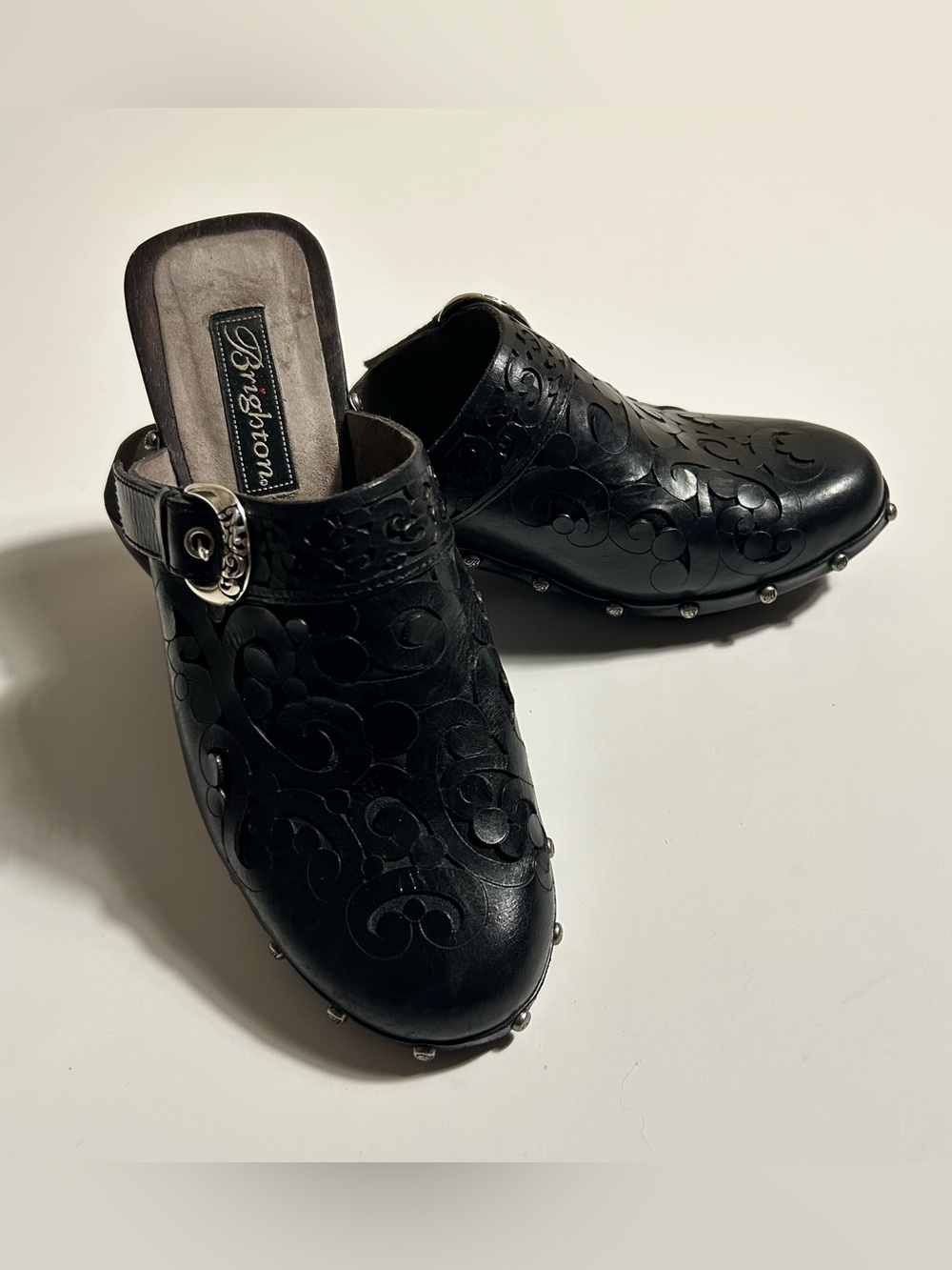 Brighton Black Embossed Leather Mule with Silver Buckle and Studs